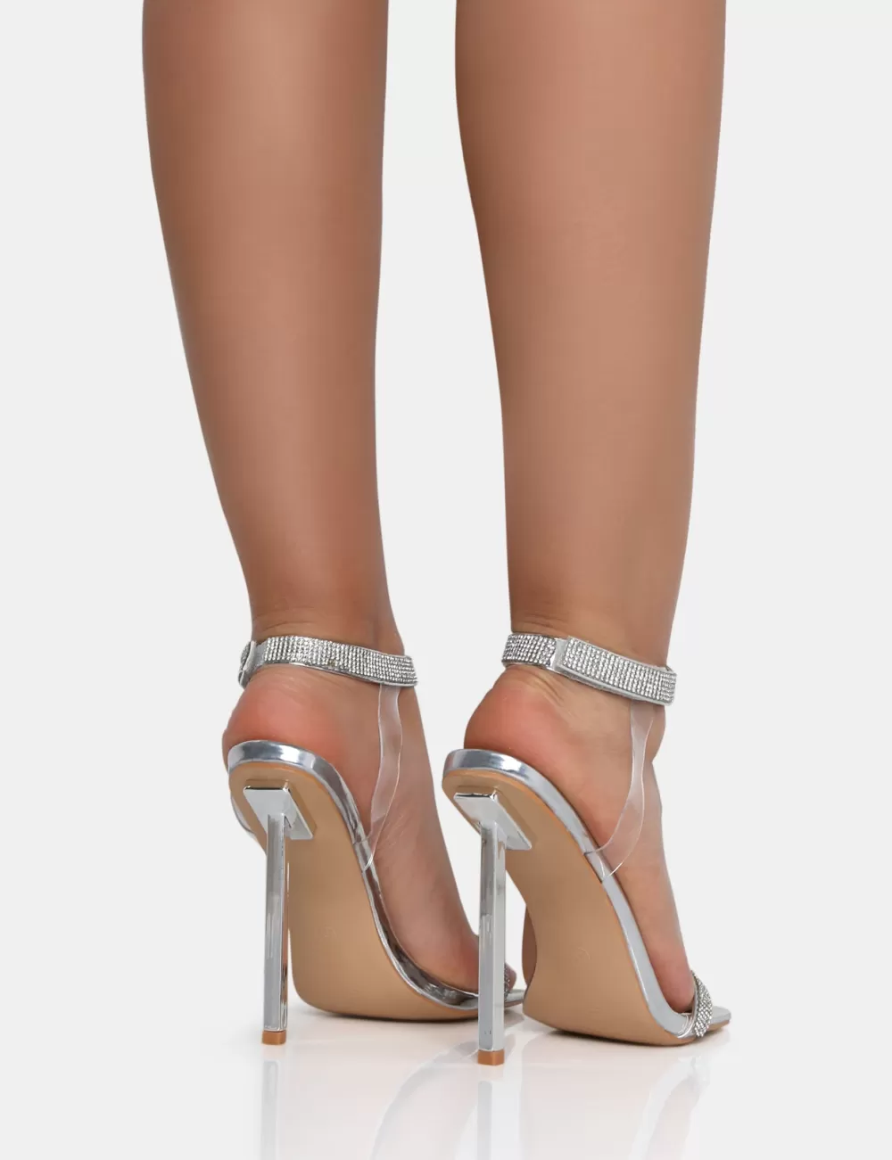 Cheap Public Desire Afterglow PU Barely There Diamante Strap Square Toe Stiletto Heels Silver