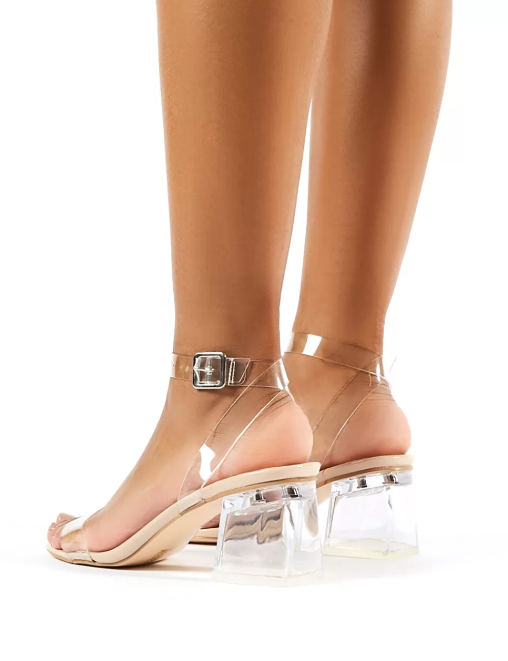 Discount Public Desire Afternoon Wide Fit Patent Clear Perspex Block Mid Heels Nude