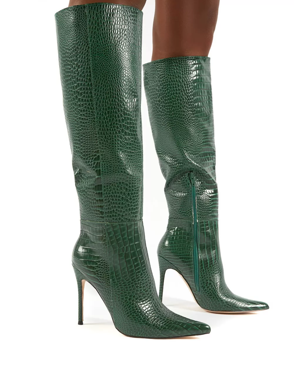 New Public Desire Aimi Croc Knee High Stiletto Heel Boots Green