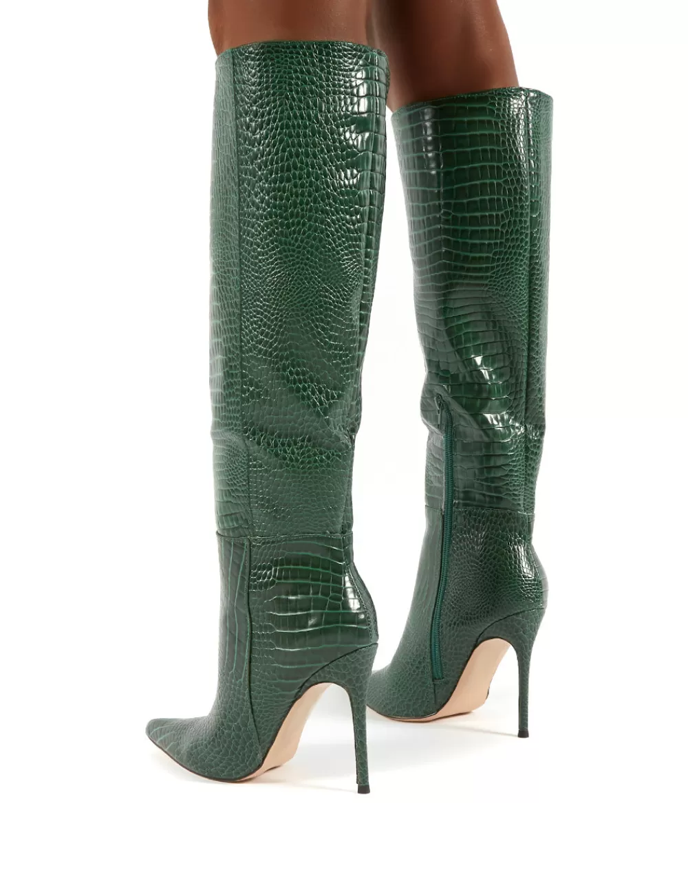 New Public Desire Aimi Croc Knee High Stiletto Heel Boots Green