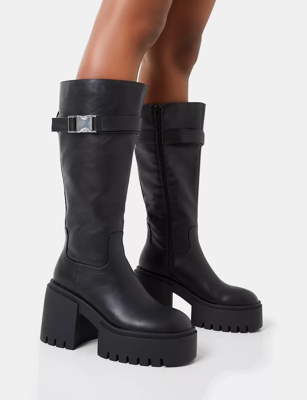 Best Sale Public Desire Alaska Calf Strap Buckle Knee High Chunky Sole Block Heel Boots Black