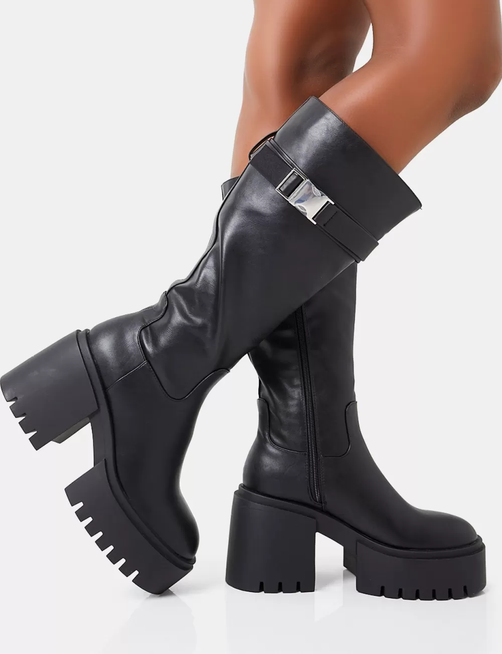 Best Sale Public Desire Alaska Calf Strap Buckle Knee High Chunky Sole Block Heel Boots Black