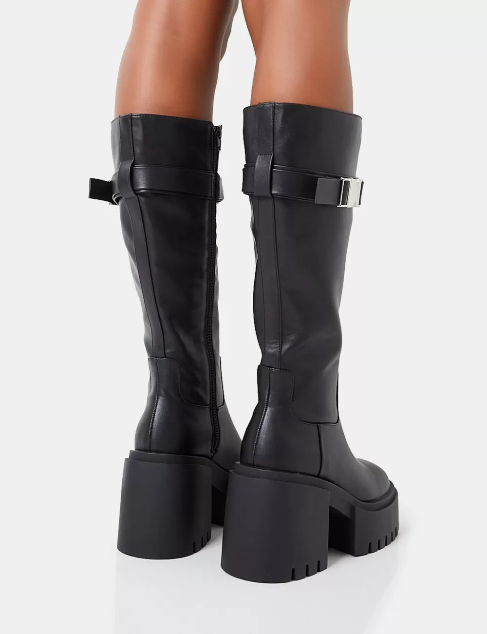 Best Sale Public Desire Alaska Calf Strap Buckle Knee High Chunky Sole Block Heel Boots Black