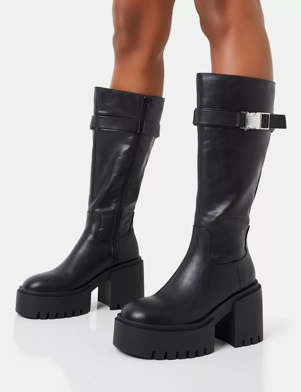 Best Sale Public Desire Alaska Calf Strap Buckle Knee High Chunky Sole Block Heel Boots Black