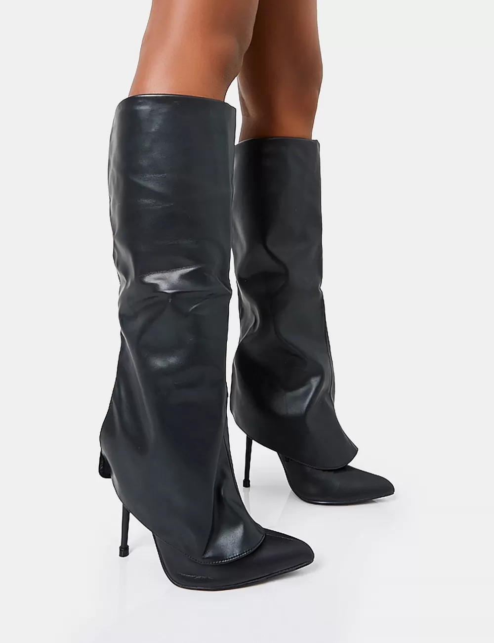 Fashion Public Desire All Yours Pu Fold Over Pointed Toe Stiletto Knee High Boots Black