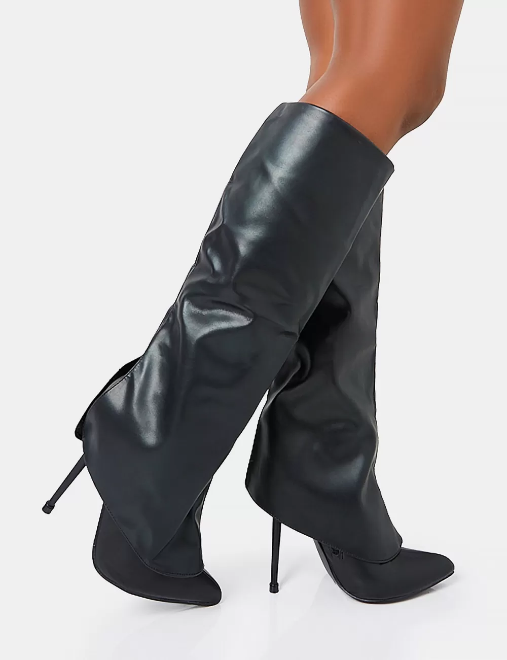 Fashion Public Desire All Yours Pu Fold Over Pointed Toe Stiletto Knee High Boots Black