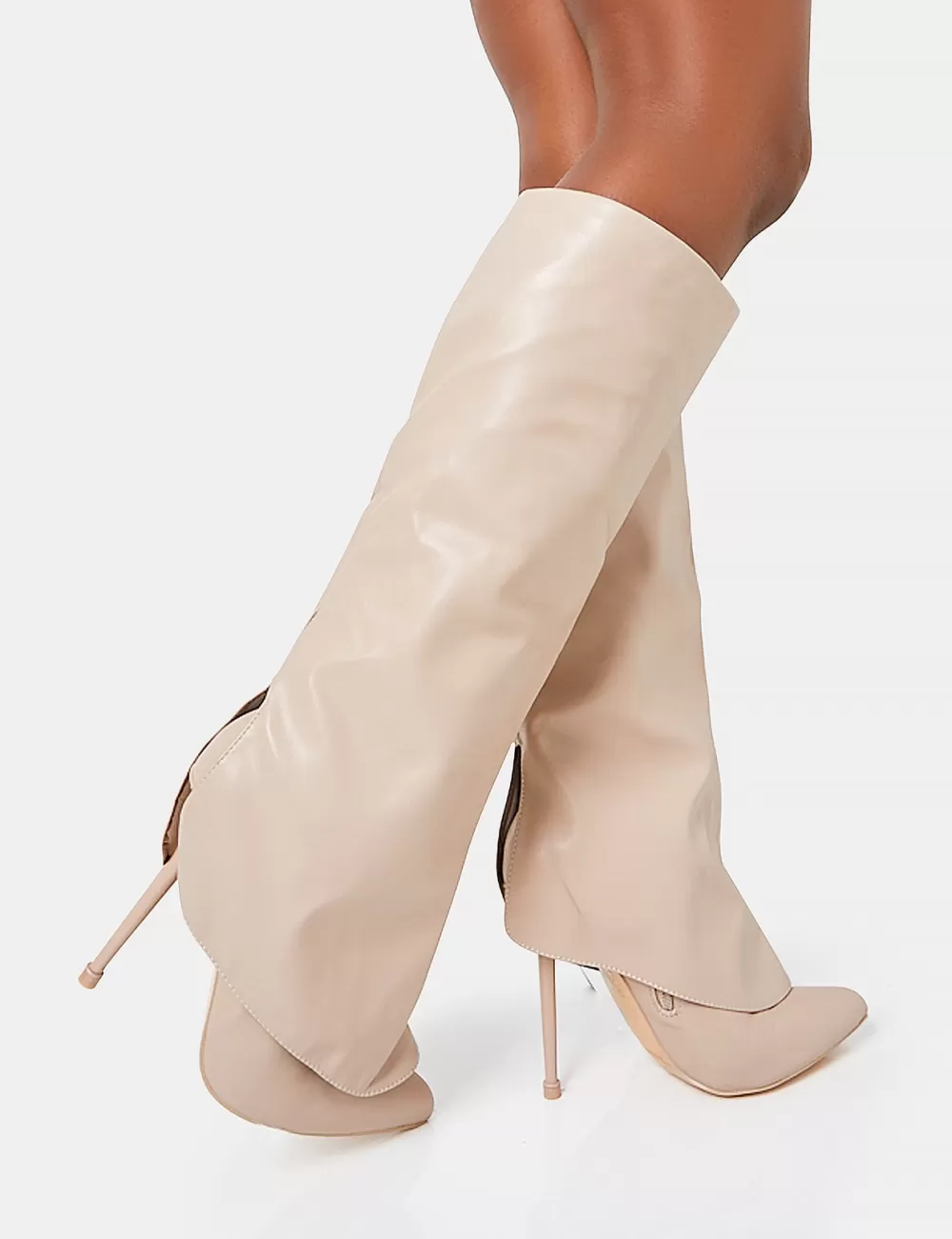 Fashion Public Desire All Yours Nude Pu Fold Over Pointed Toe Stiletto Knee High Boots White