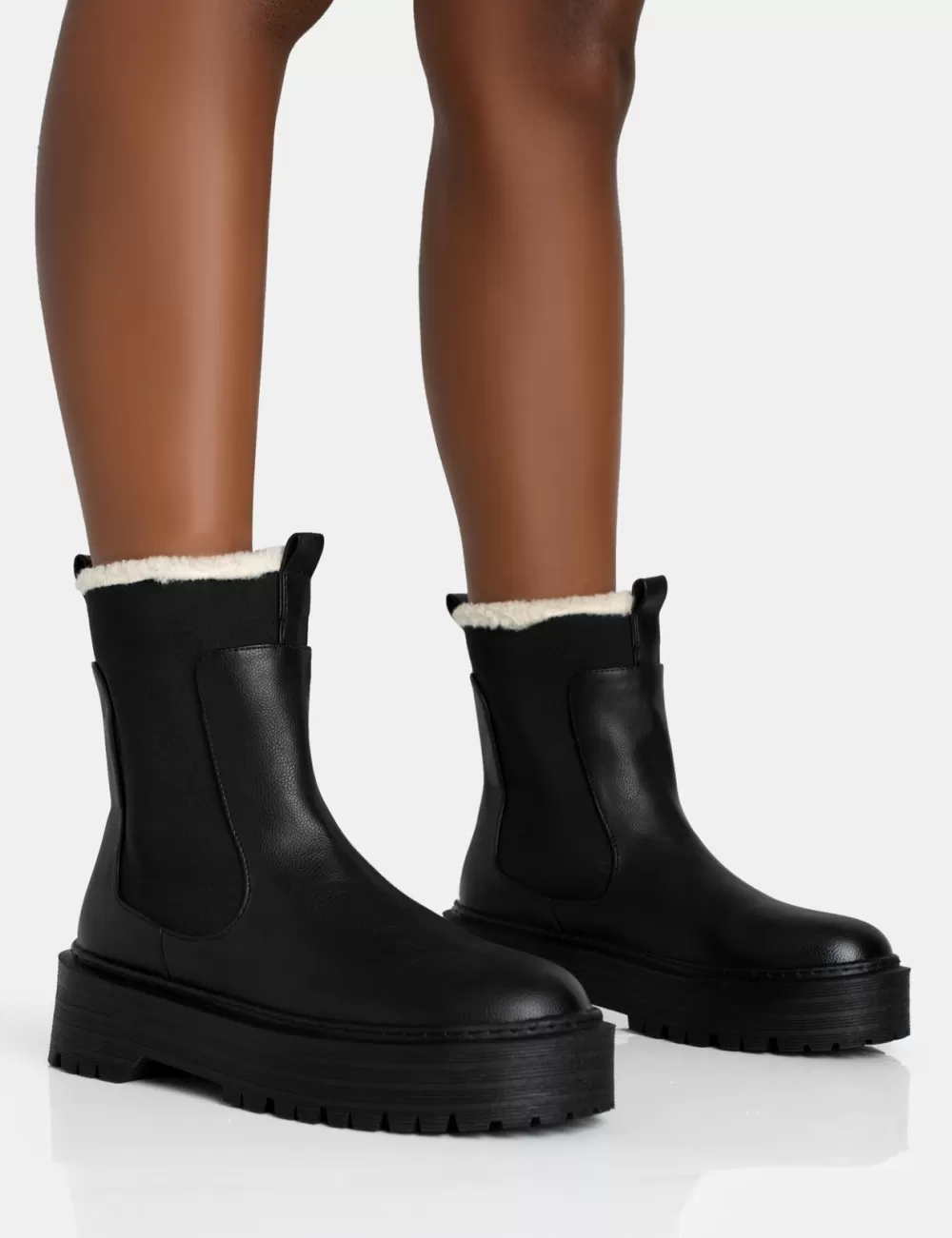 Cheap Public Desire Alpine Faux Fur Trim Elasticated Chunky Sole Ankle Boots Black
