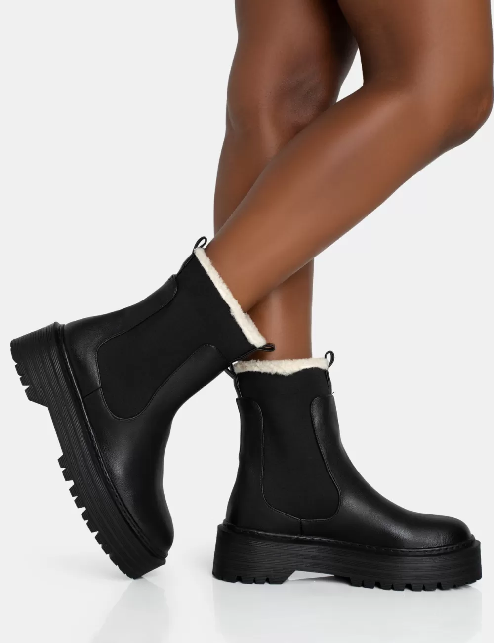 Cheap Public Desire Alpine Faux Fur Trim Elasticated Chunky Sole Ankle Boots Black