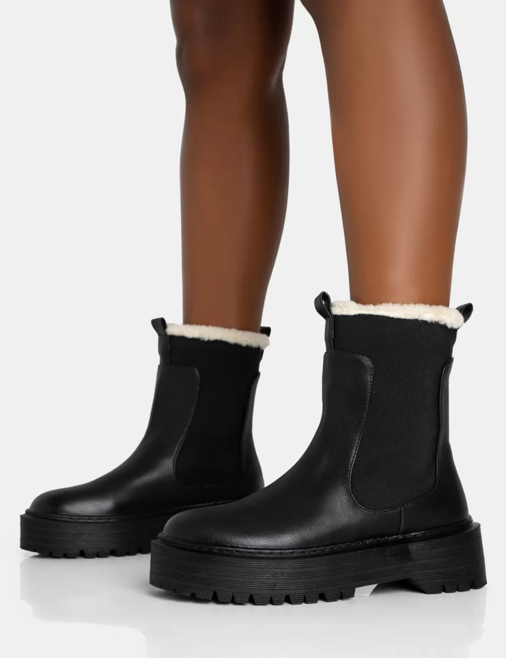 Cheap Public Desire Alpine Faux Fur Trim Elasticated Chunky Sole Ankle Boots Black