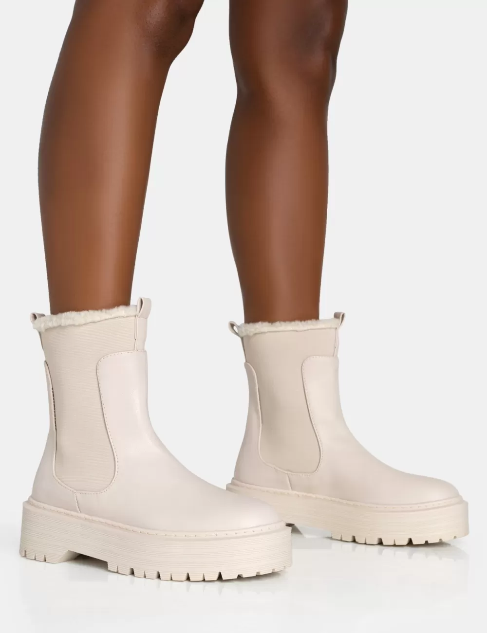 Clearance Public Desire Alpine Cream Pu Faux Fur Trim Elasticated Ankle Chunky Ankle Boots Neutral