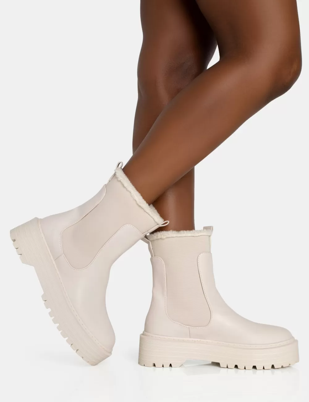 Clearance Public Desire Alpine Cream Pu Faux Fur Trim Elasticated Ankle Chunky Ankle Boots Neutral