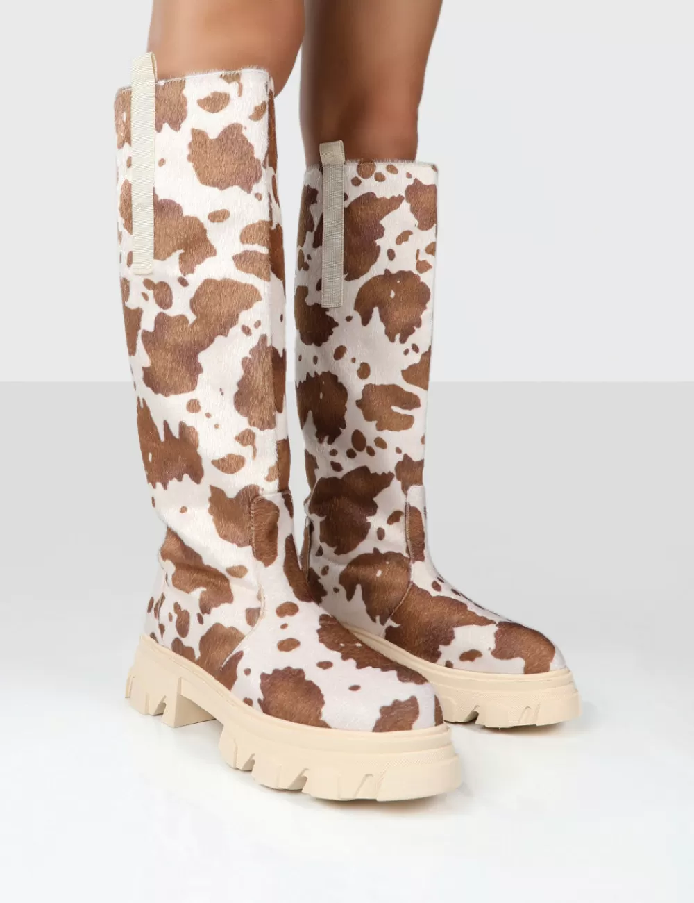 Sale Public Desire Amber x Genius Cow Print Knee High Chunky Sole Boot Multi