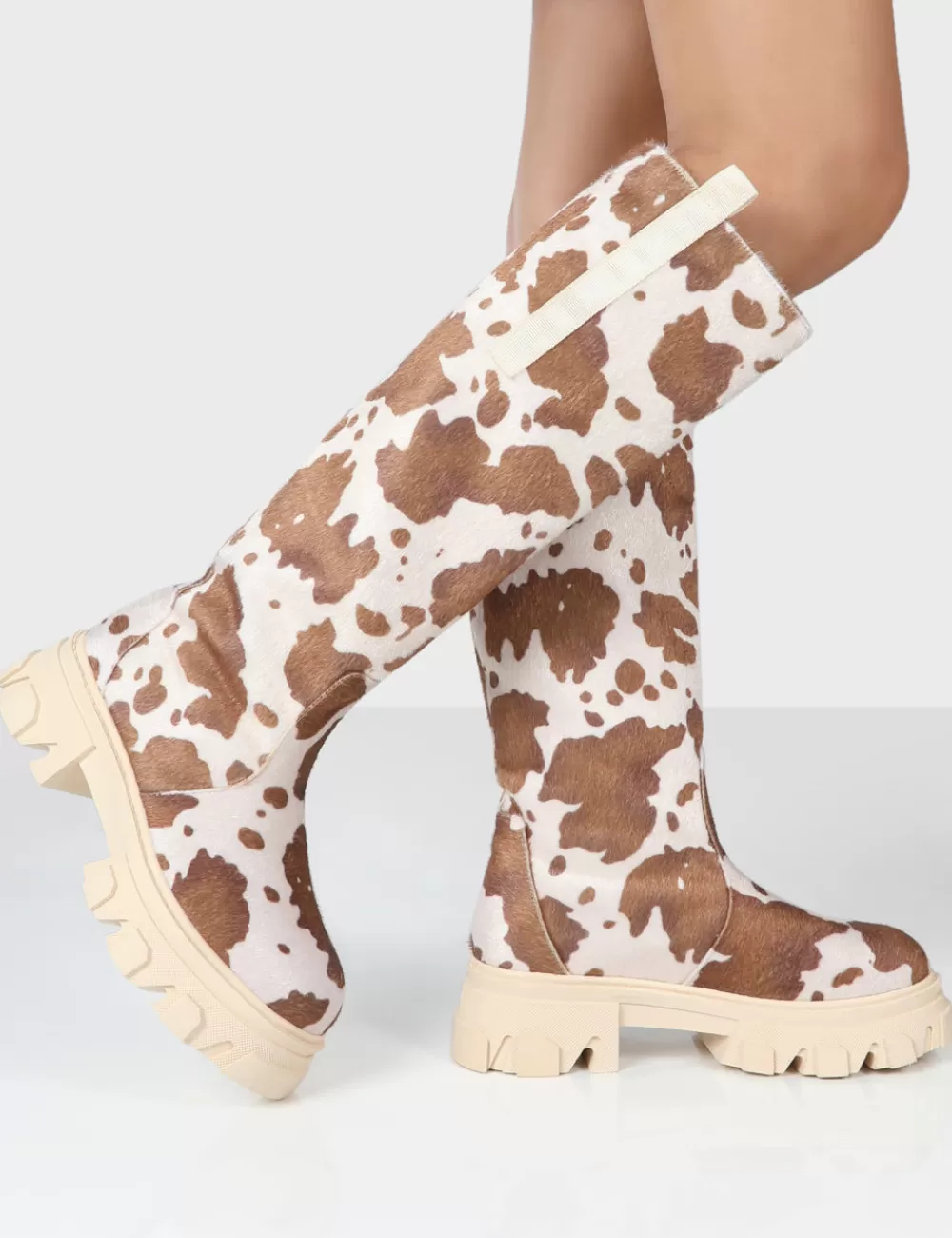 Sale Public Desire Amber x Genius Cow Print Knee High Chunky Sole Boot Multi