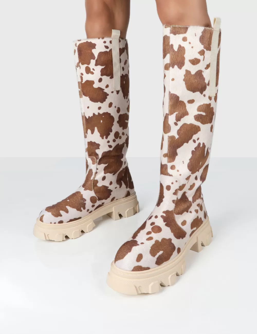 Sale Public Desire Amber x Genius Cow Print Knee High Chunky Sole Boot Multi