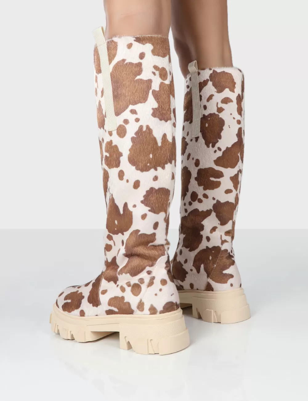 Sale Public Desire Amber x Genius Cow Print Knee High Chunky Sole Boot Multi
