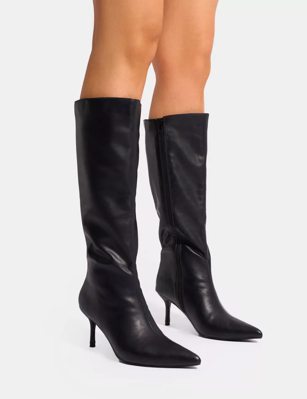 Cheap Public Desire Amped Pointed Toe Mid Heel Knee High Boots Black