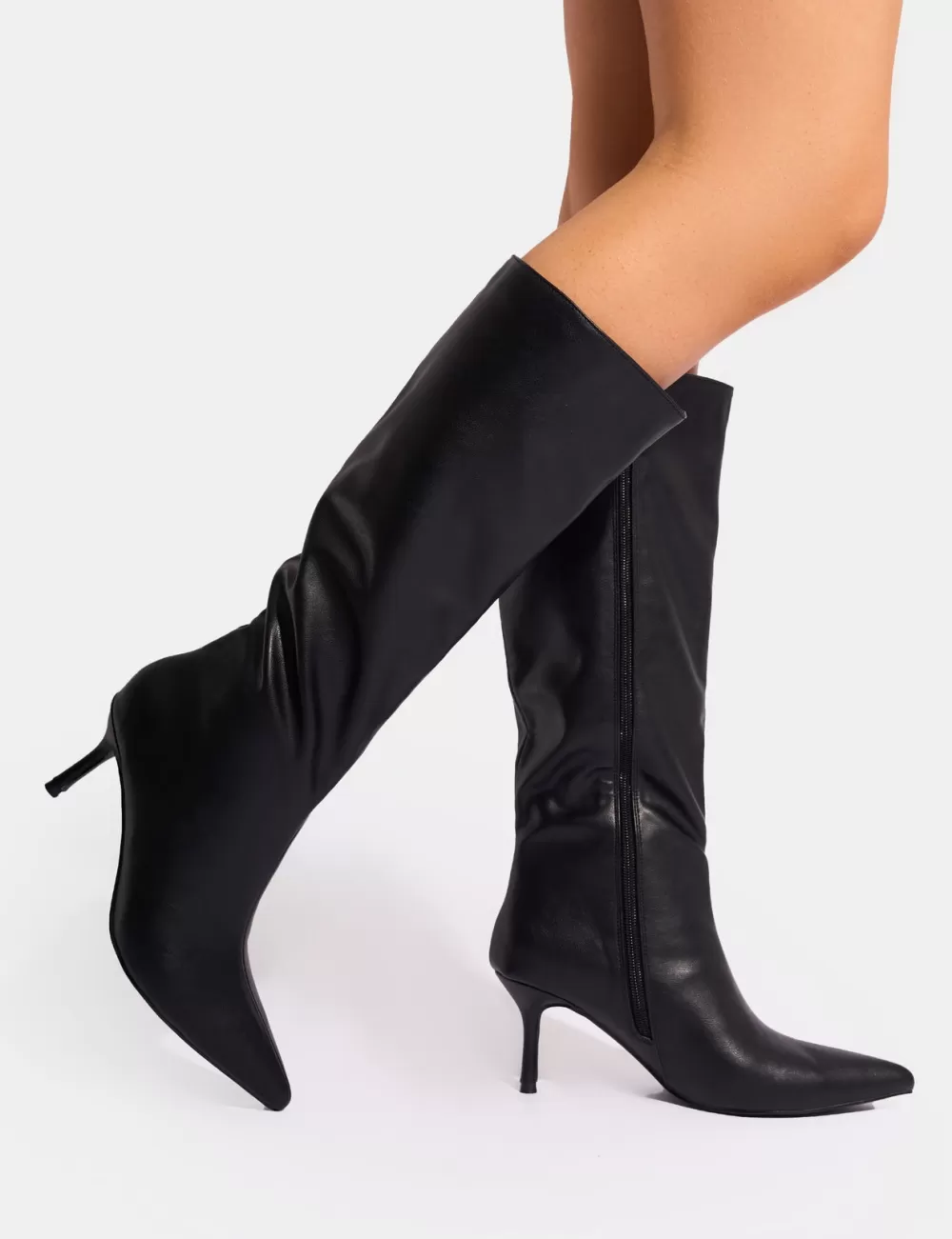 Cheap Public Desire Amped Pointed Toe Mid Heel Knee High Boots Black