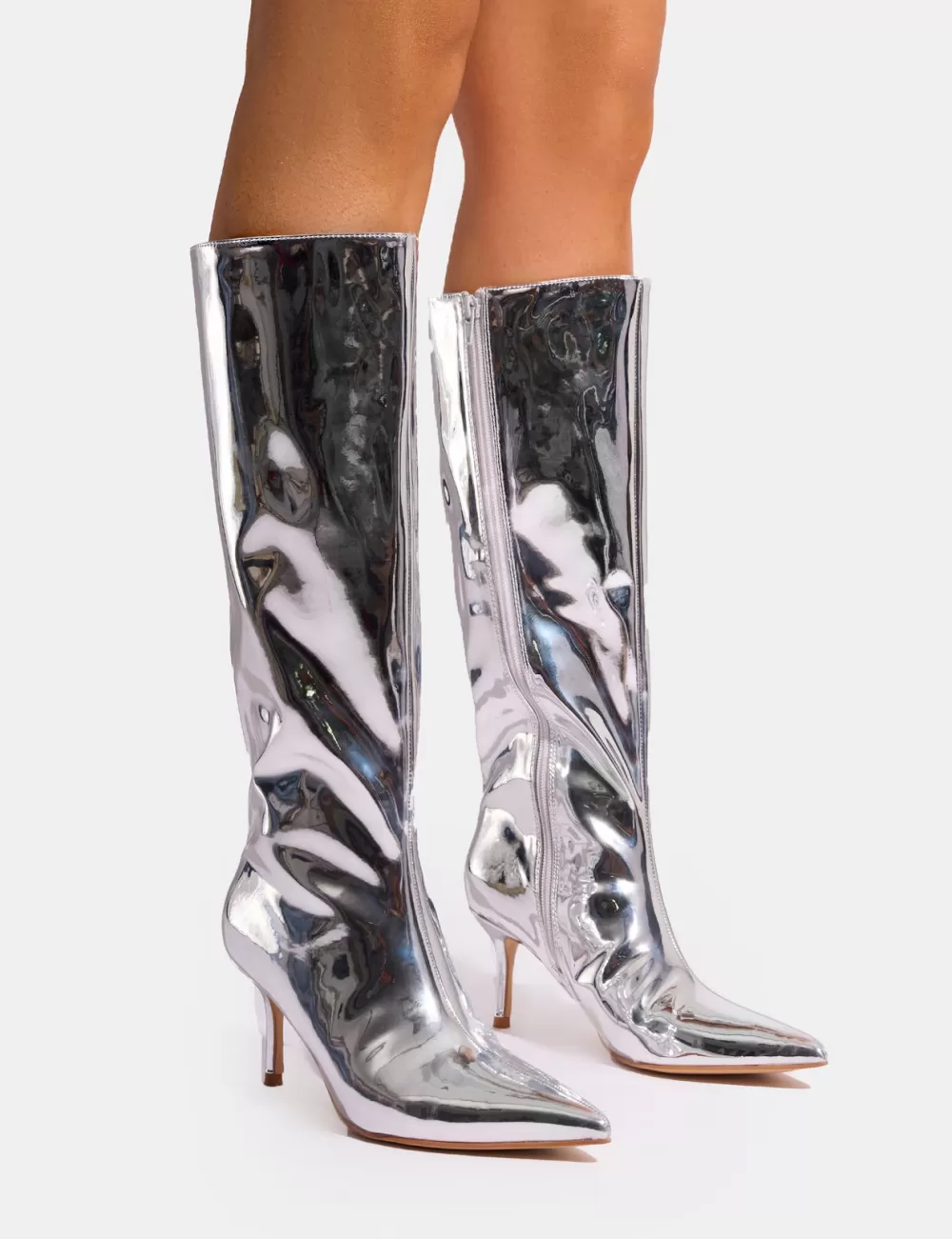 Best Public Desire Amped Mirror Pointed Toe Mid Heel Knee High Boots Silver
