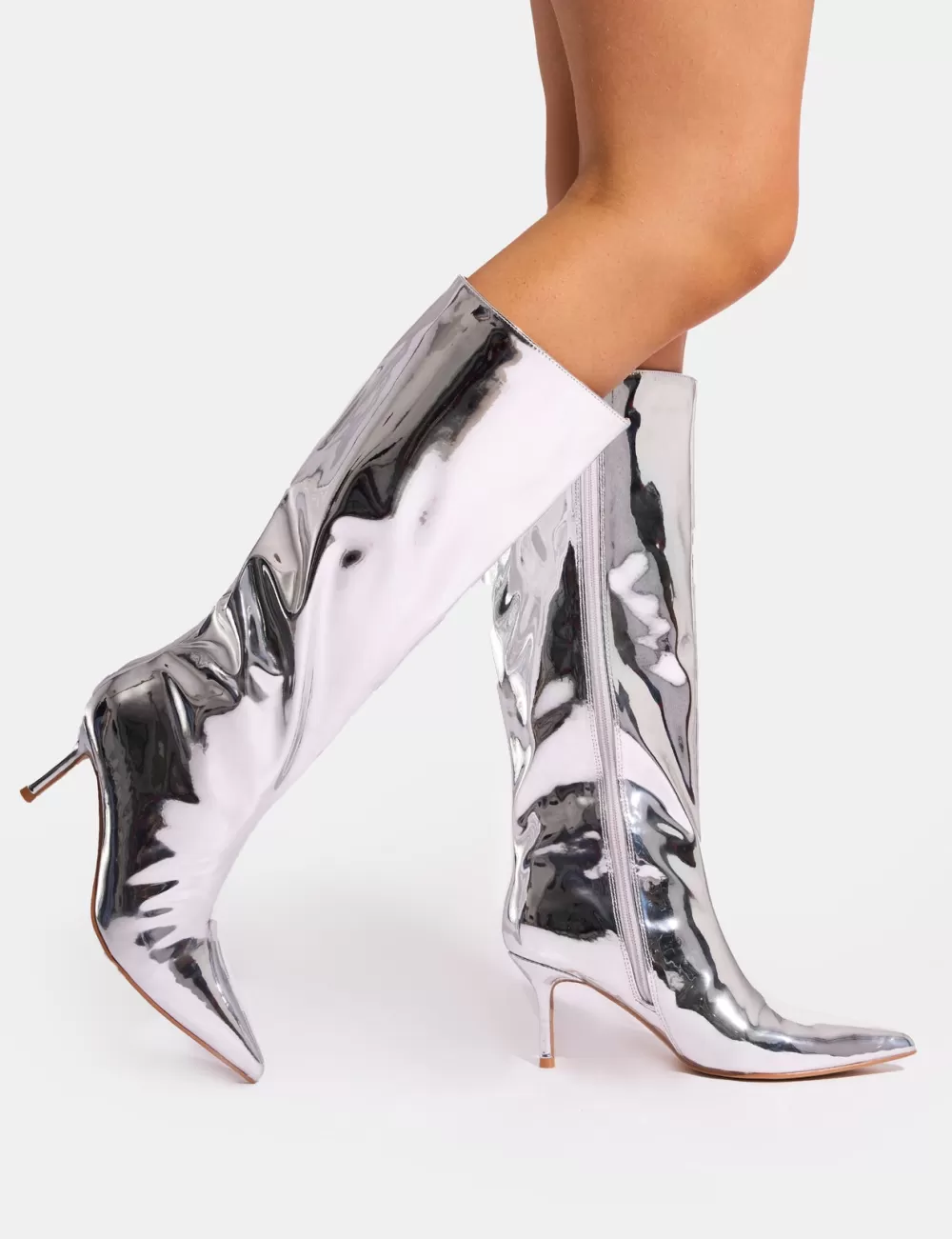Best Public Desire Amped Mirror Pointed Toe Mid Heel Knee High Boots Silver