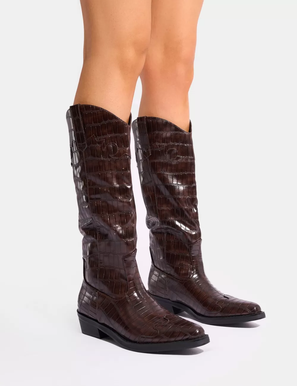 Cheap Public Desire Apollo Croc Wide Fit Flat Western Knee High Boots Brown