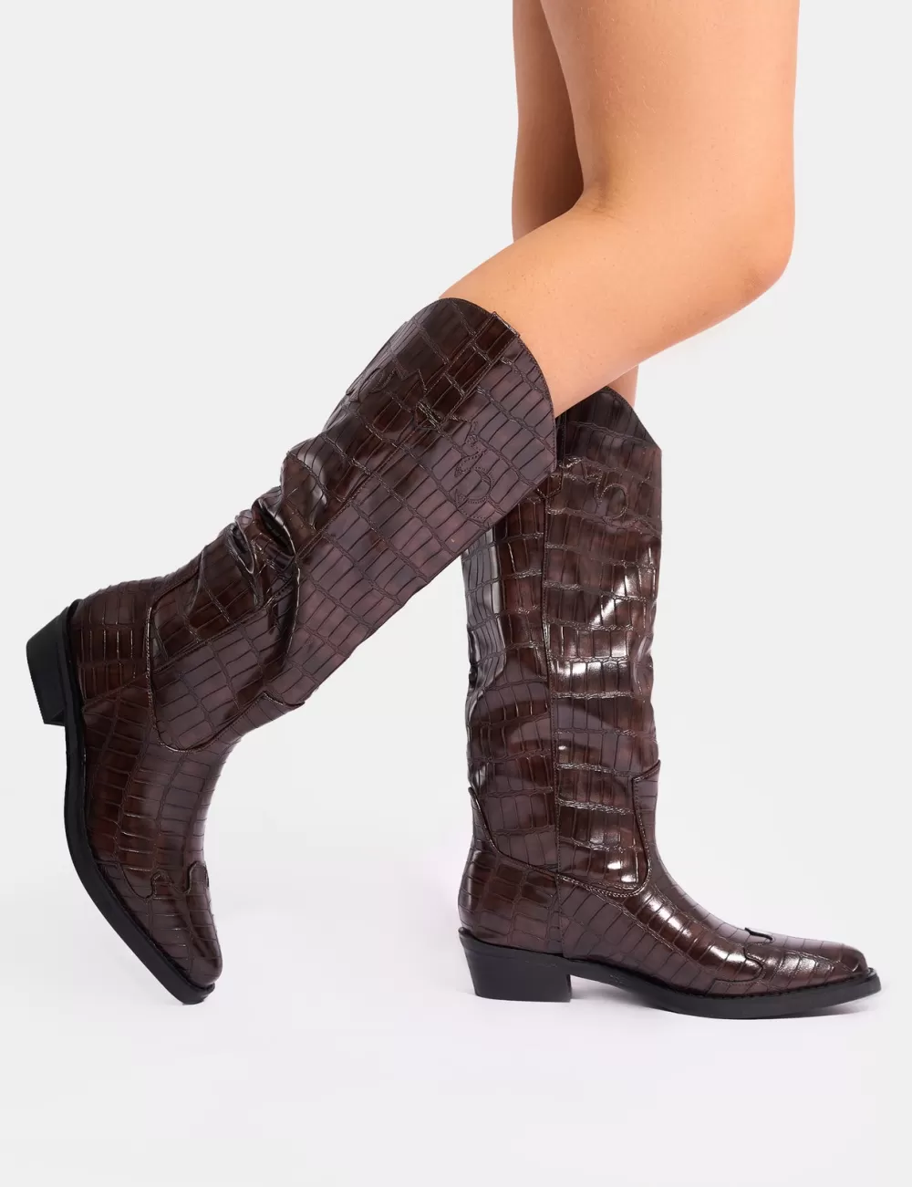Cheap Public Desire Apollo Croc Wide Fit Flat Western Knee High Boots Brown