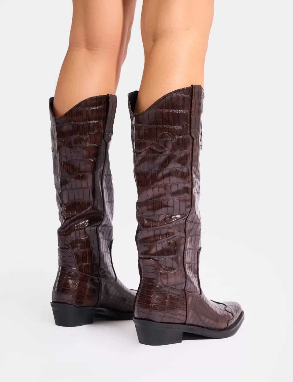 Cheap Public Desire Apollo Croc Wide Fit Flat Western Knee High Boots Brown