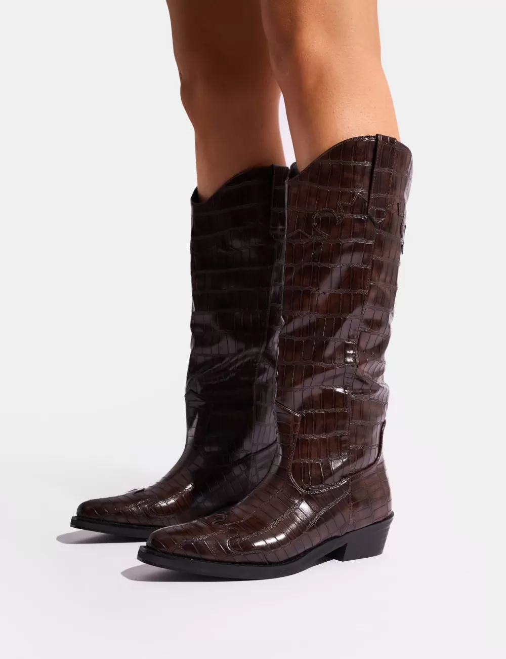 Cheap Public Desire Apollo Croc Wide Fit Flat Western Knee High Boots Brown
