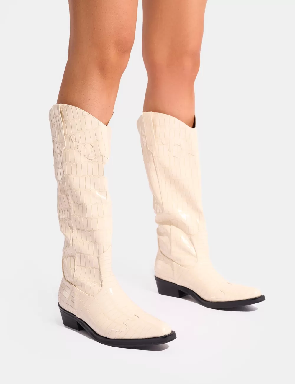 Best Public Desire Apollo Stitch Flat Western Knee High Boots Cream