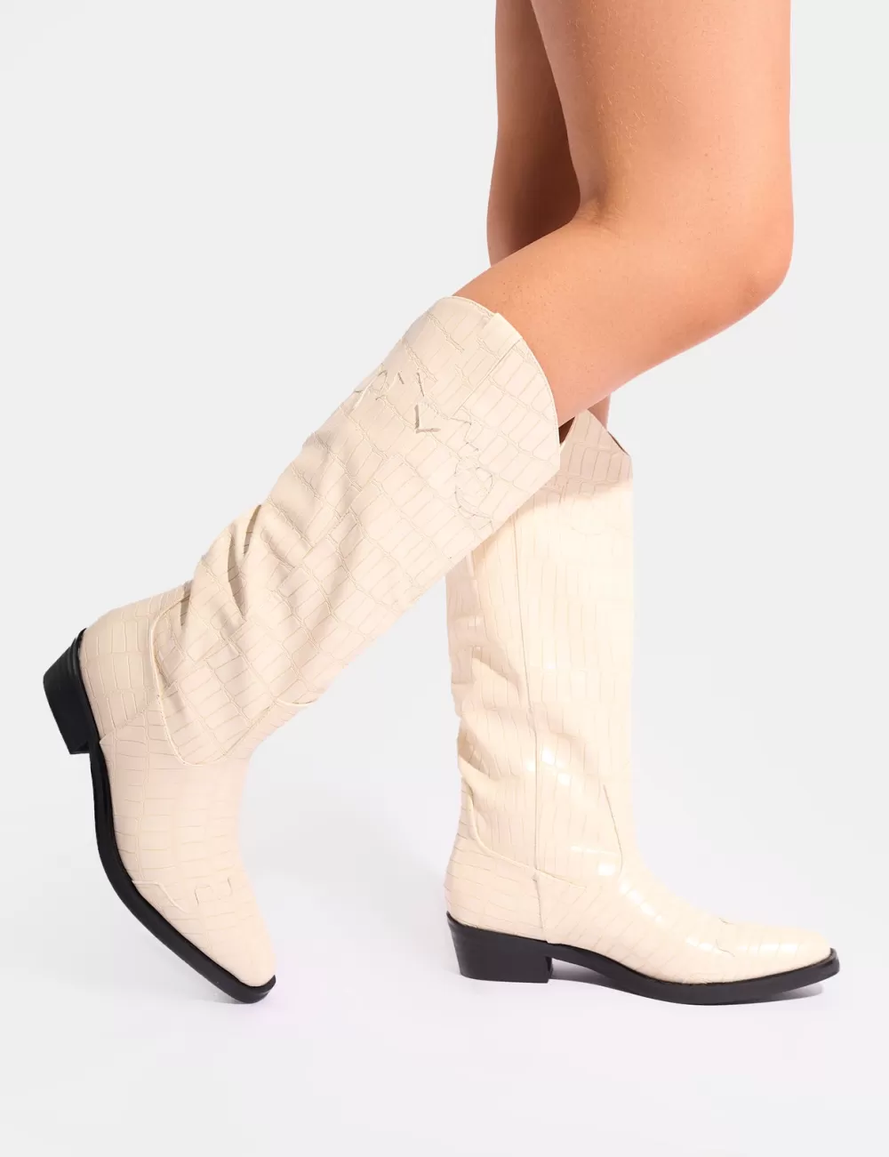 Best Public Desire Apollo Stitch Flat Western Knee High Boots Cream