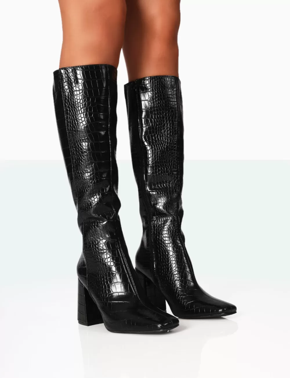 Store Public Desire Apology Black Patent Croc Knee High Block Heel Boots