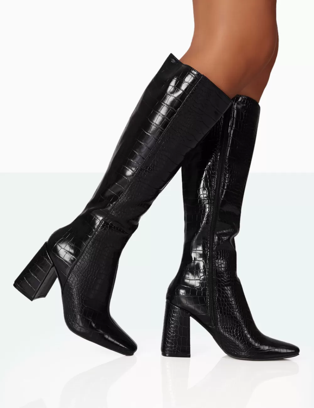 Store Public Desire Apology Black Patent Croc Knee High Block Heel Boots