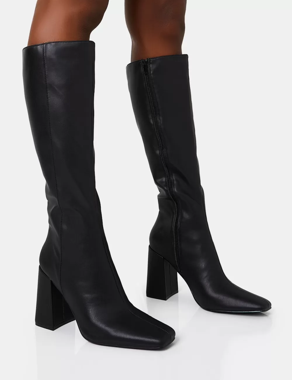 Outlet Public Desire Apology Wide Fit Pu Knee High Block Heel Boots Black