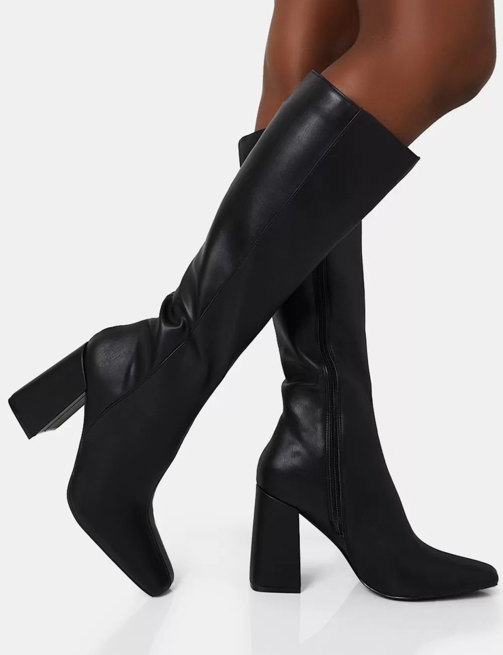 Outlet Public Desire Apology Wide Fit Pu Knee High Block Heel Boots Black
