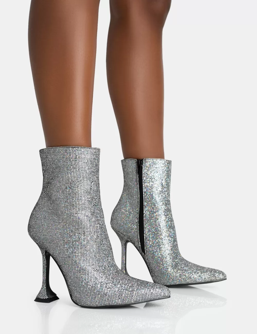 Hot Public Desire Arabella Glitter Pointed Toe Cake Stand Heeled Ankle Boots Silver