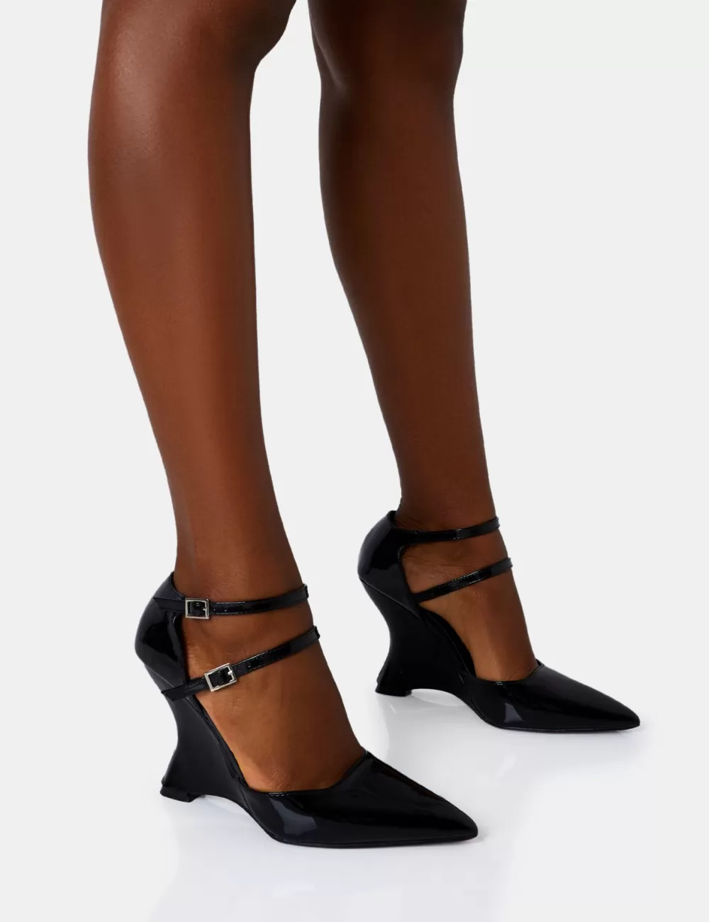 Clearance Public Desire Aspiration Black Patent Strappy Pointed Platform Cut Out Wedge Heels