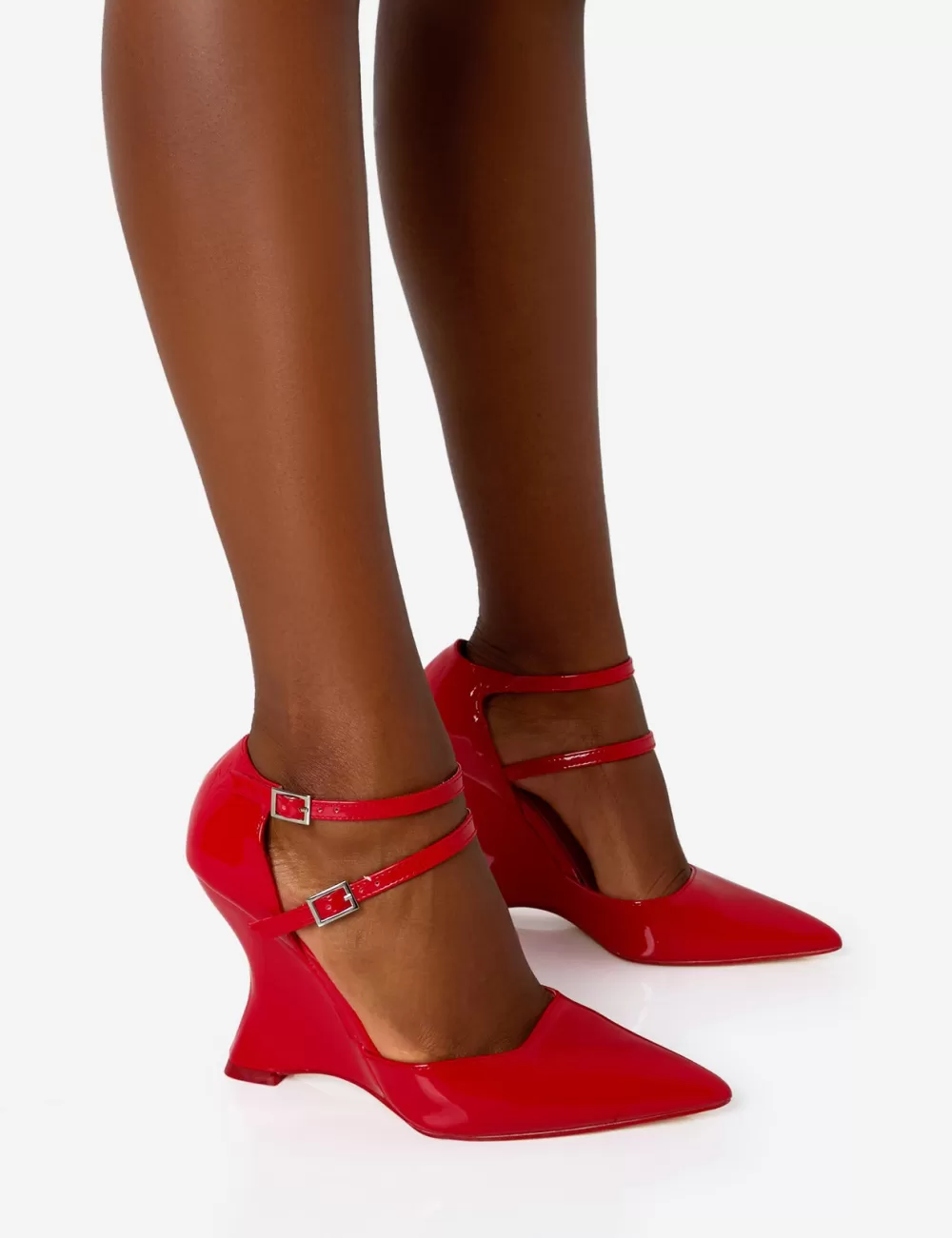 New Public Desire Aspiration Patent Strappy Pointed Toe Platform Cut Out Wedge Heels Red