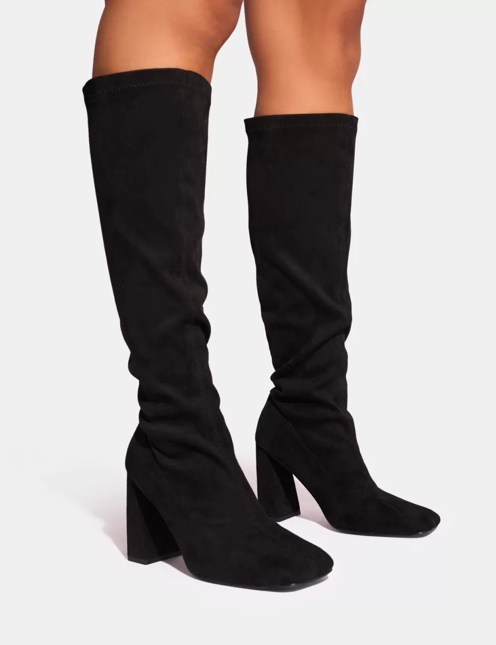 New Public Desire Audrina Suede Wide Fit Block Heel Knee High Sock Boots Black