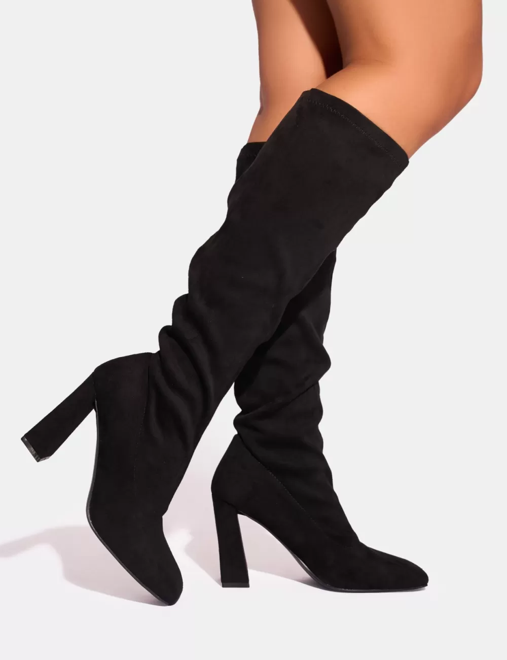 New Public Desire Audrina Suede Wide Fit Block Heel Knee High Sock Boots Black