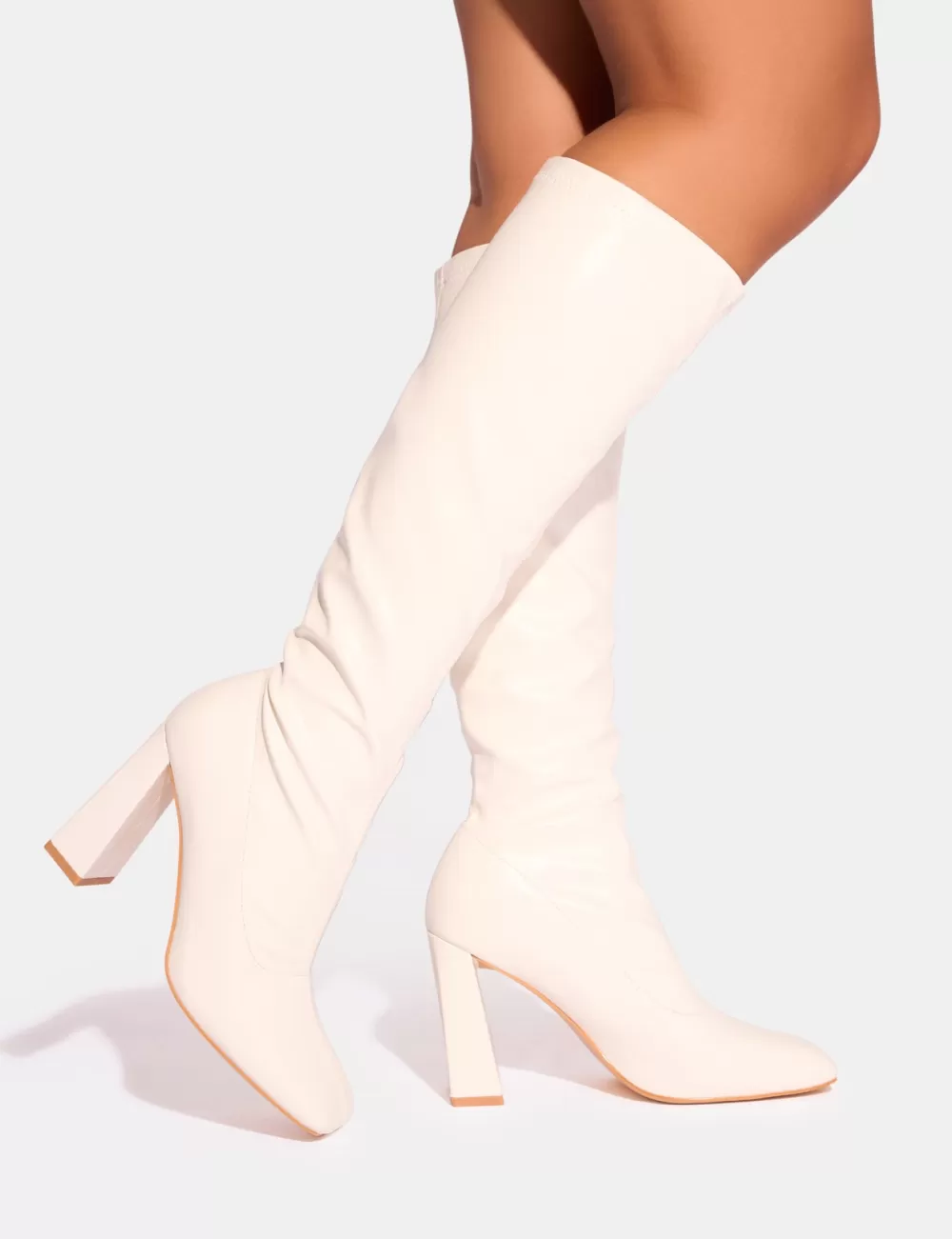 Cheap Public Desire Audrina Pu Block Heel Knee High Sock Boots White