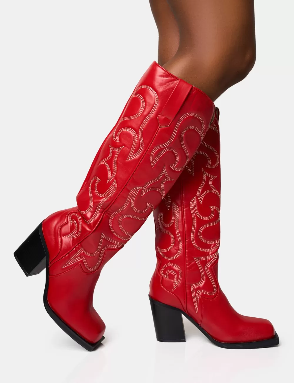 Clearance Public Desire Austine Western Block Heel Knee High Boots Red