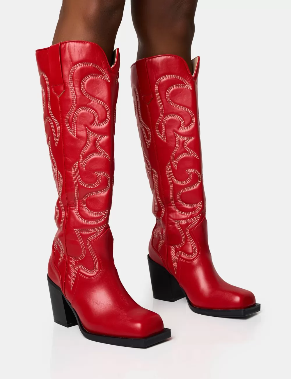 Clearance Public Desire Austine Western Block Heel Knee High Boots Red