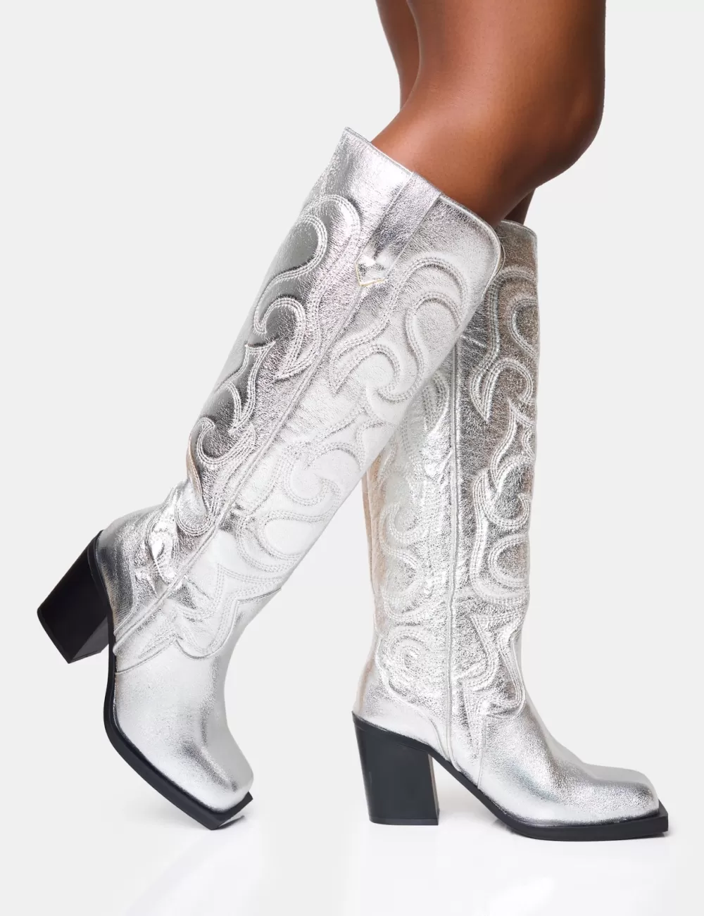 Hot Public Desire Austine Western Block Heel Knee High Boots Silver