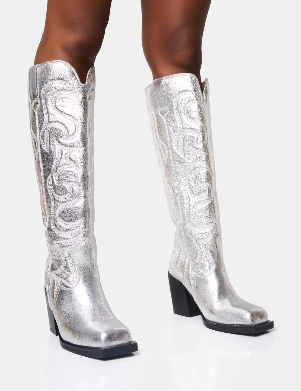 Shop Public Desire Austine Wide Fit Western Block Heel Knee High Boots Silver