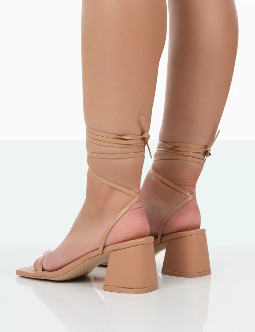 Hot Public Desire Babeass Nude Pu Sqaure Toe Lace Up Block Mid Heeled Sandals Neutral