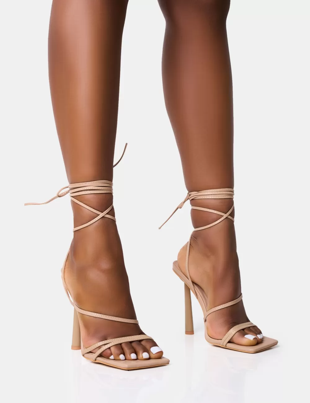 Fashion Public Desire Bad Gal Strappy Lace Up Square Toe Heels Nude