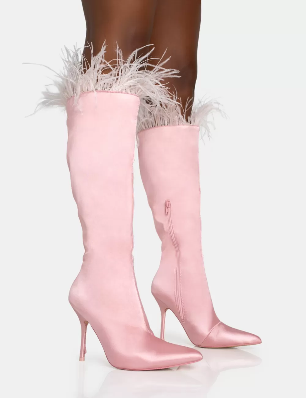 Best Public Desire Baddie Baby Pink Satin Feather Pointed Toe Stiletto Knee High Boots Black