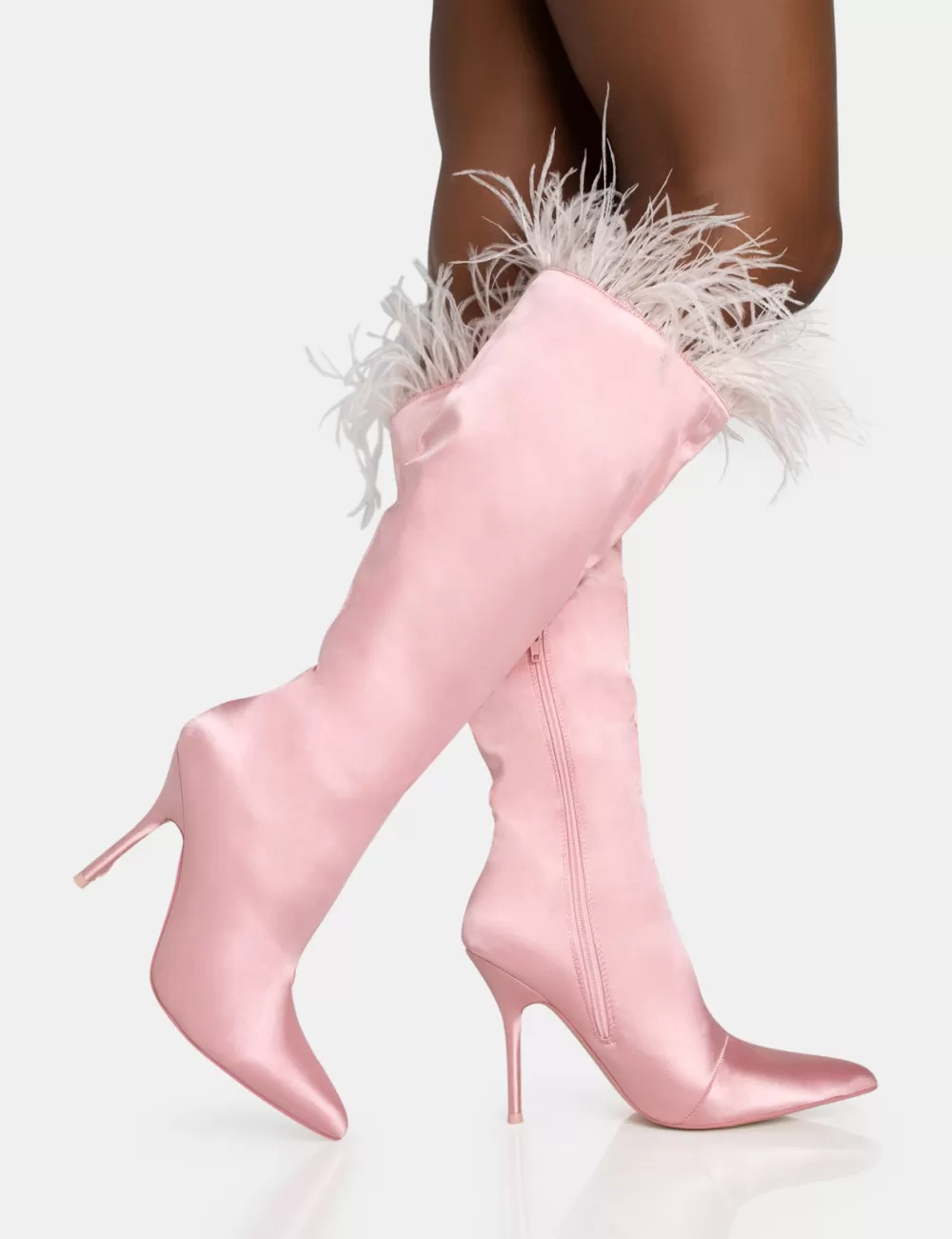 Best Public Desire Baddie Baby Pink Satin Feather Pointed Toe Stiletto Knee High Boots Black