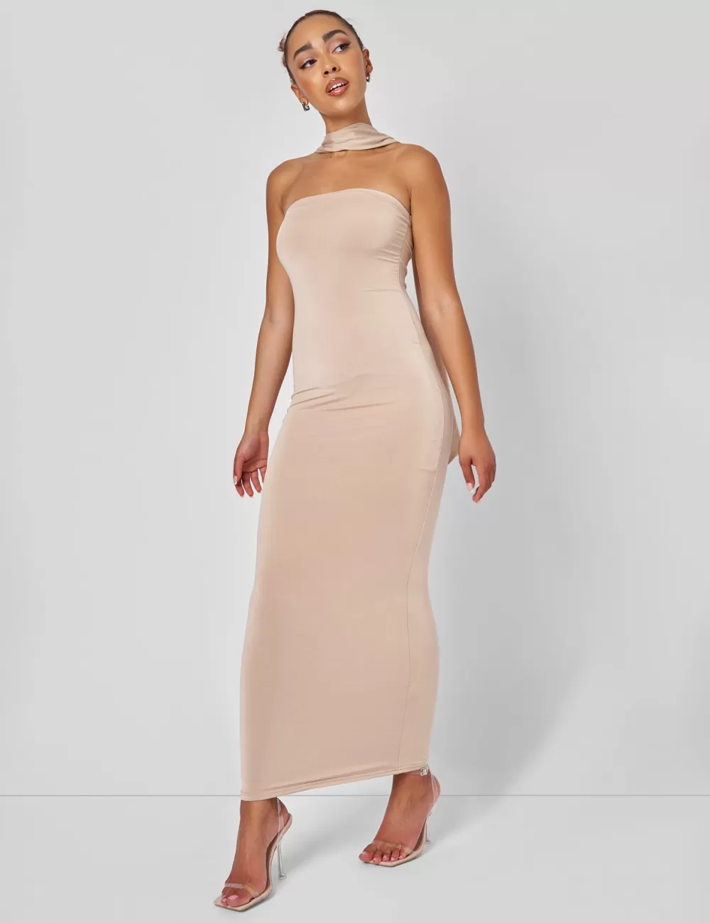 Shop Public Desire Bandeau Maxi Dress With Scarf Detail in Gold