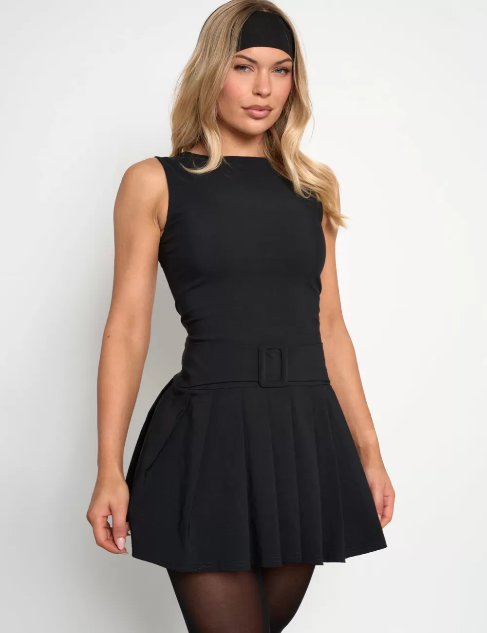 Outlet Public Desire Bengaline Belt Detail Pleated Mini Dress Black